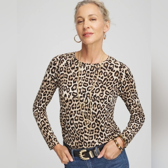 Chico's Tops - Chico's NWT Touch Of Cool Animal Leopard LS Layering Tee Camel 3/XL
